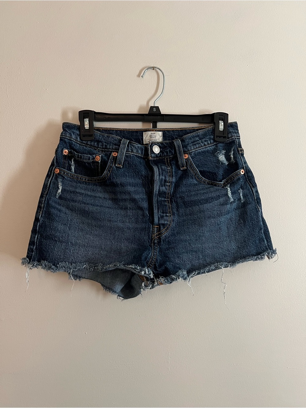Levi's Dark Blue Distressed Denim Shorts